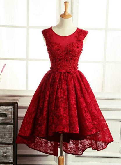 Lovely Lace Round Neckline High Low Homecoming Dress, Red High Low Party Dress ,DS1120