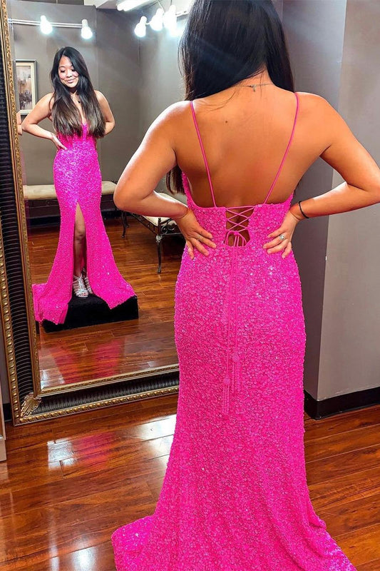 Sexy Hot Pink Sequin Long Prom Dresses,Mermaid Evening Gown with Split,DS3433