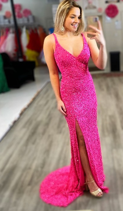 V Neck Neon Pink Sequin Long Formal Dress,DS3094