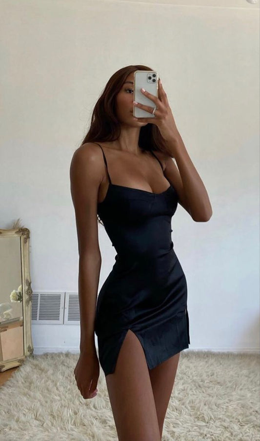 Sexy Bodycon Straps Black Slit Satin Short Party Dresses, Mini Dresses,DS4561
