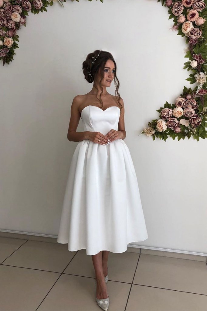 Simple Satin Summer Wedding Gown Sweetheart Beach Bridal Dresses Knee Length Prom Dresses,DS4264