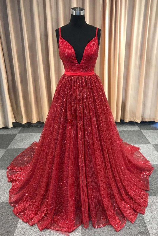 Spaghetti Straps A-line Evening Dresses Red Sparkle Tulle Prom Dresses Deep V-neck Women Dresses,DS4261