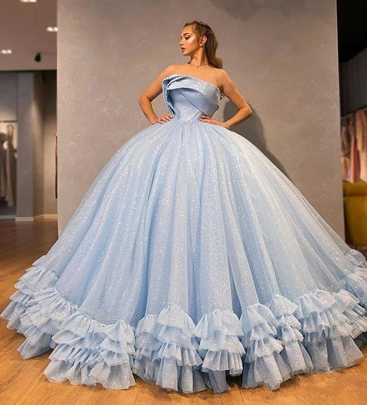 Sparkly Ball Gown Prom Dresses Strapless Puffy Evening Gowns Ruffles Formal Party Dress,DS4378