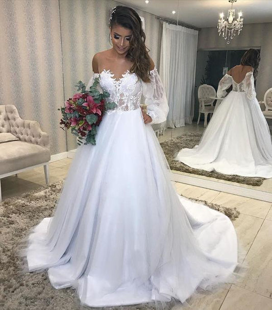 Stylish A Line Lace Backless Wedding Dresses Sheer Bateau Neck Long Sleeves Bridal Gowns Sweep Train Tulle robe de mariée,DS3450
