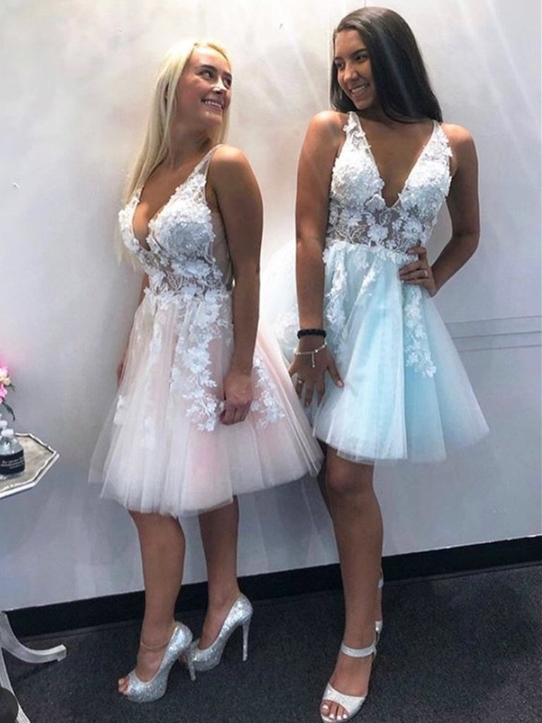 V Neck Pink Blue Lace Floral Short Prom Dresses, Short Pink Blue Lace Formal Evening Homecoming Dresses,DS1065
