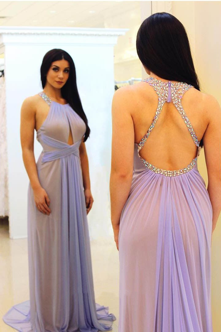 Lavender Sheer Chiffon Diamond Open Back Prom Gown,DS3439
