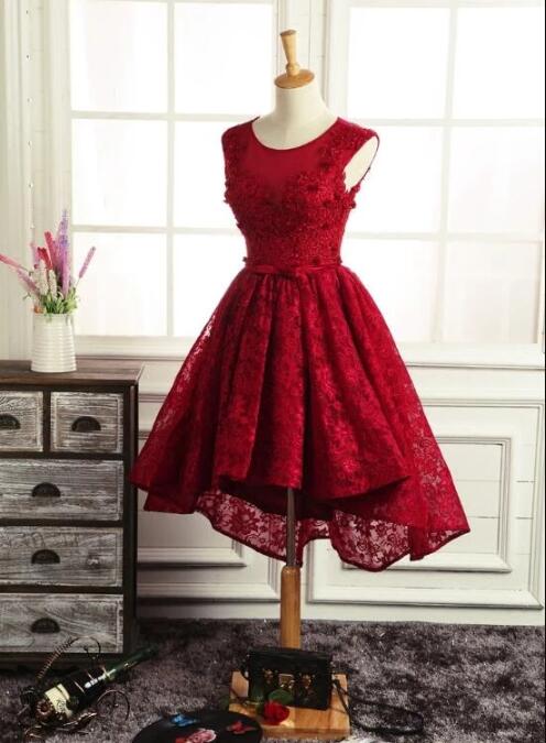 Lovely Lace Round Neckline High Low Homecoming Dress, Red High Low Party Dress ,DS1120