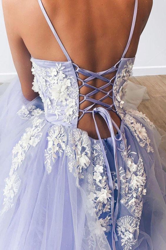 Lavender Tulle Applique Spaghetti Straps Long Dress Tulle Prom Dress,DS4304