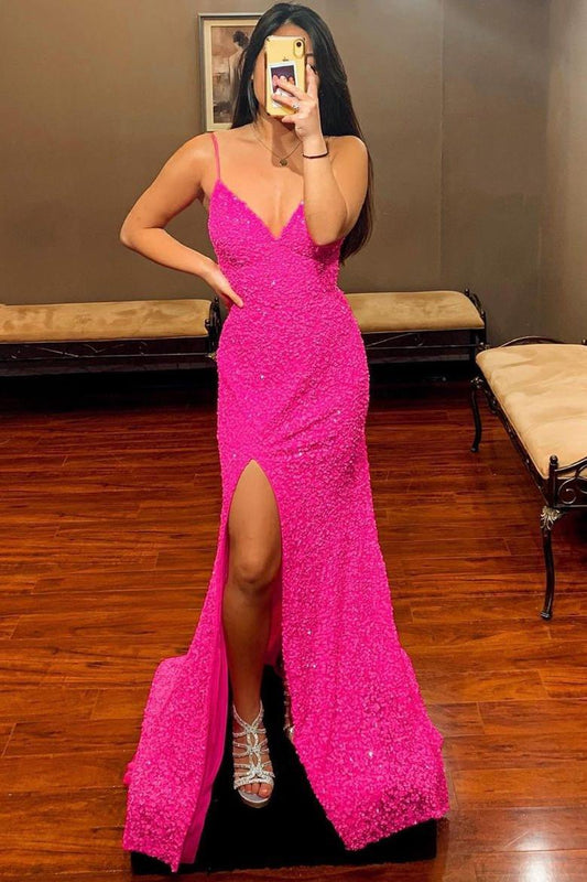 Sexy Hot Pink Sequin Long Prom Dresses,Mermaid Evening Gown with Split,DS3433