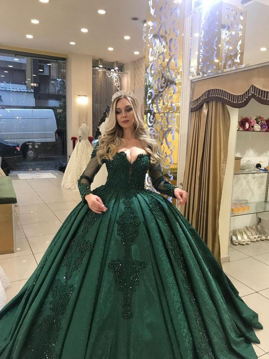 Green Long Sleeves Prom Dresses with Appliques Quinceanera Gowns,DS4348