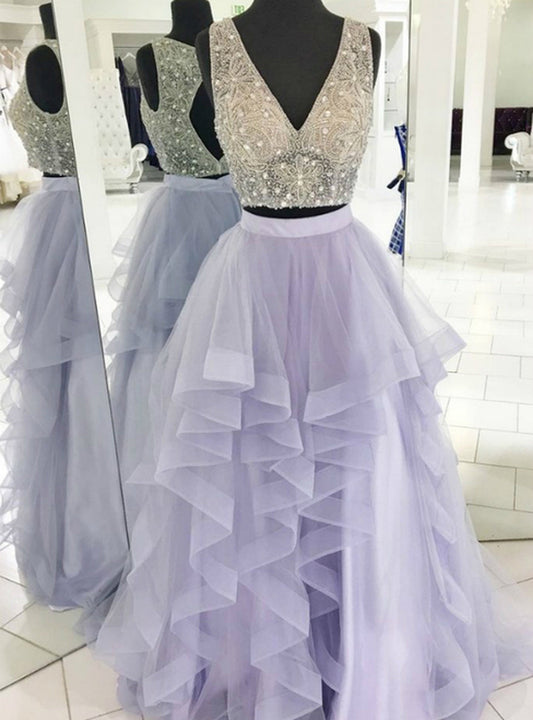 2 Pieces Prom Dresses,Beaded Prom Dresses,Lilac Prom Dresses,Long Prom Dresses,DS4289