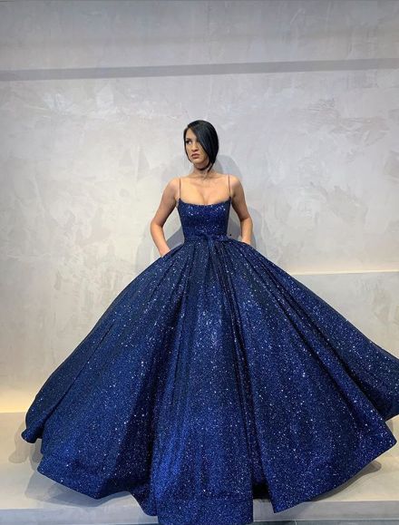 Ball Gown Scoop Neck Royal Blue Sequin Prom Dresses,DS4382