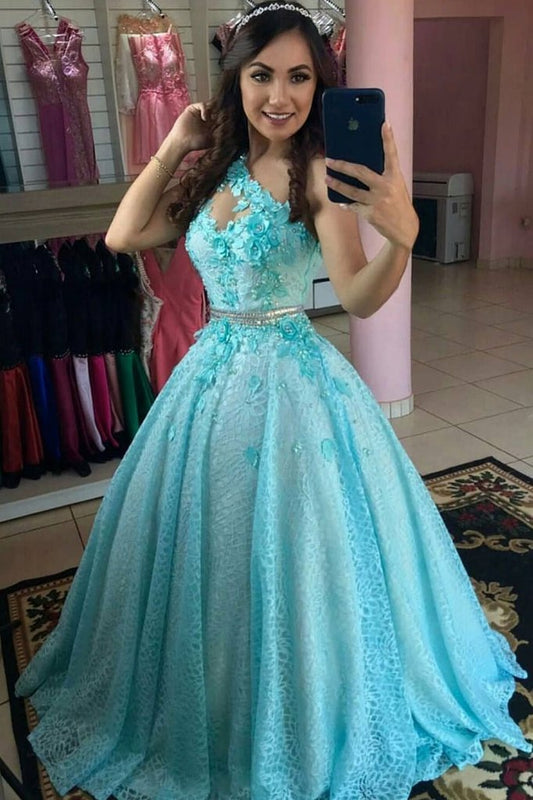 One Shoulder A-line Ball Gown Light Blue Lace Evening Ball Gown Lace Prom Dresses,DS4265