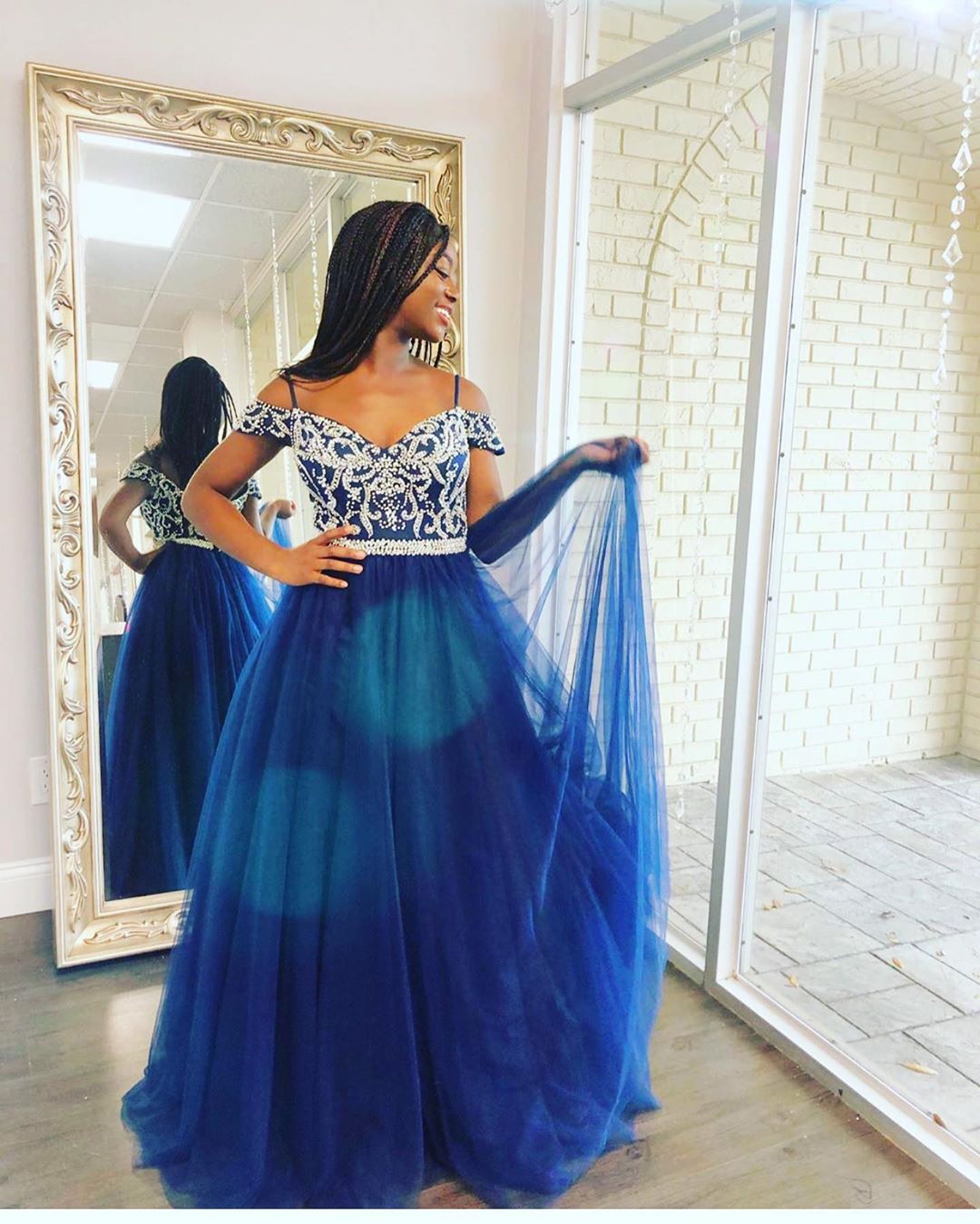 Cold Sleeves Navy Blue Tulle Long Prom Dress,DS3165