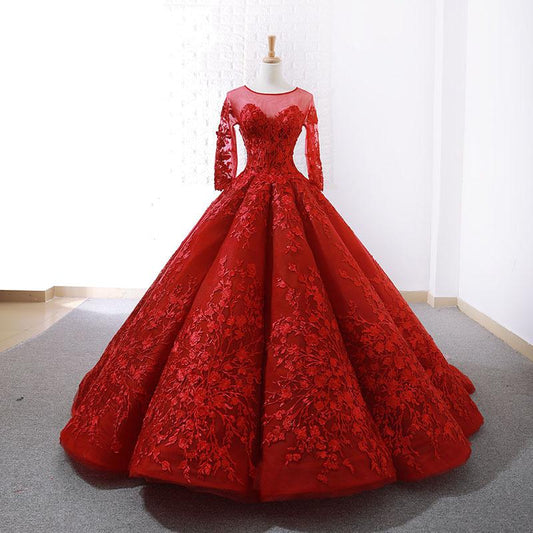 Red Lace Appliques Ball Gown Half Sleeves Sweet 16 Dresses Princess Ball Gown,DS4260