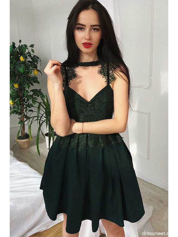 A-line Scoop Short Prom Dress Dark Green Lace Short Prom Dresses Homecoming Dress,DS0972