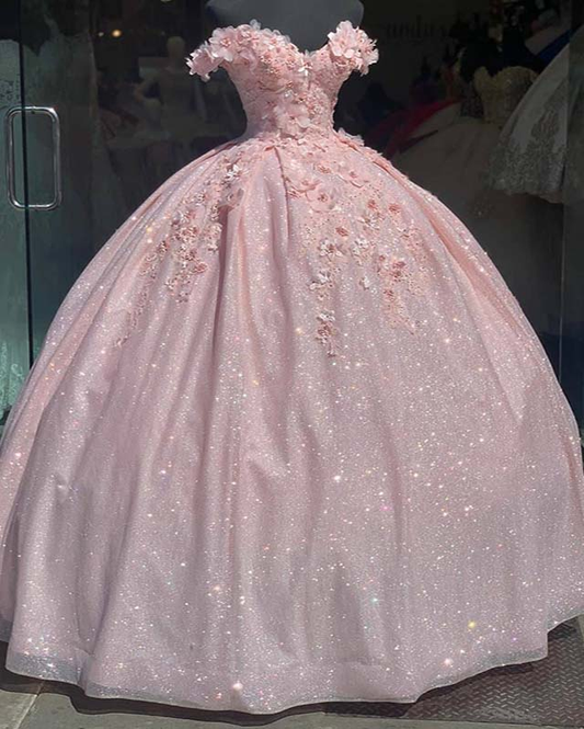 tulle princess off shoulder long formal prom dress, long strapless pink flower appliqués evening dress,DS4569