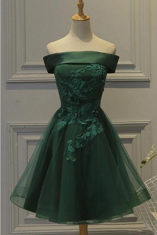 Dark Green Off the Shoulder Tulle Homecoming Dress, A Line Appliqued Short Prom Dress,DS0971