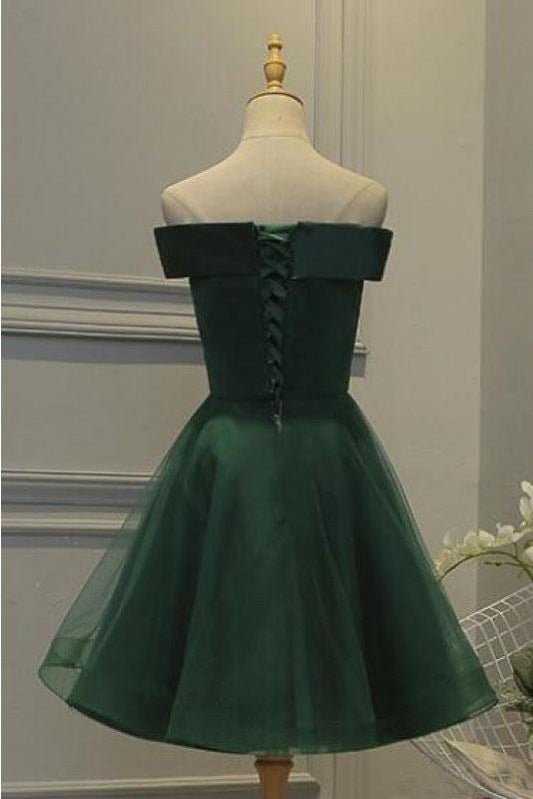 Dark Green Off the Shoulder Tulle Homecoming Dress, A Line Appliqued Short Prom Dress,DS0971