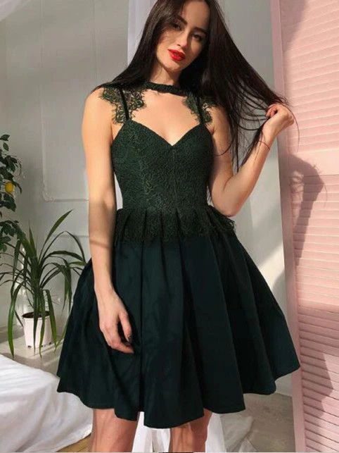 A-line Scoop Short Prom Dress Dark Green Lace Short Prom Dresses Homecoming Dress,DS0972