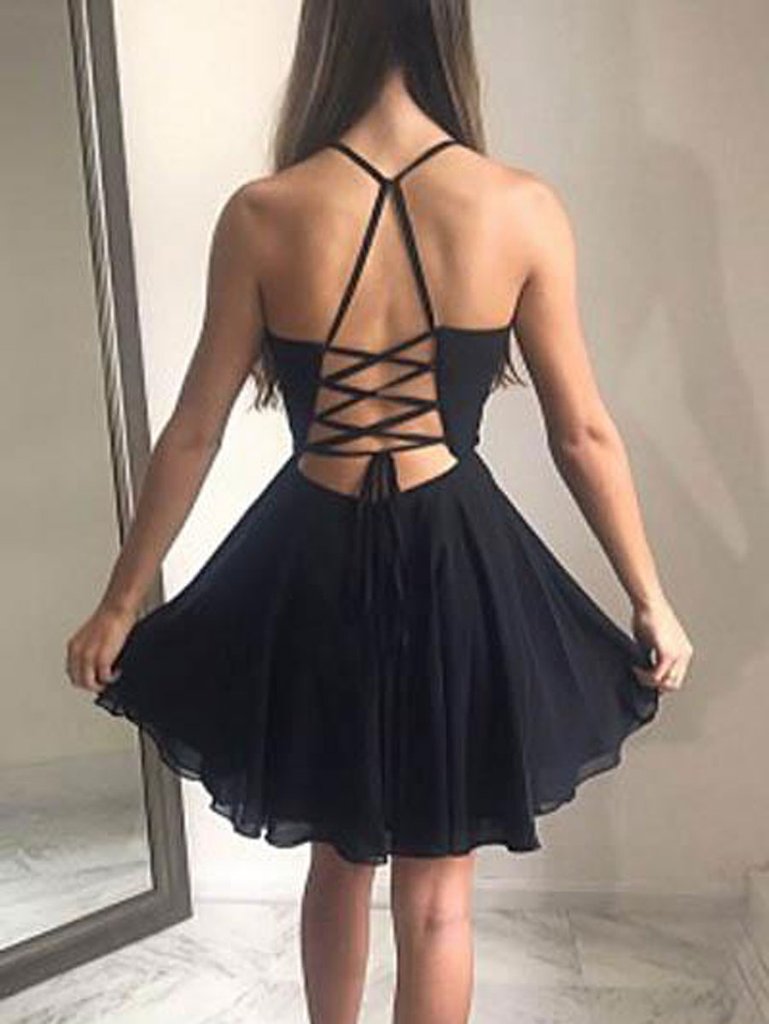 Simple black v neck short prom dress, black homecoming dress,DS0947