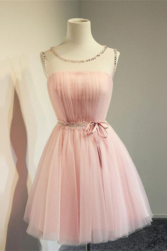 Cute Girly Pink Round Neck Simple Tulle Short Homecoming Dress ,DS0950