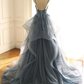 tulle long prom dress with spaghetti straps and ruffled floor length skirt ,DS4570