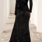 Sexy Off The Shoulder Black Sequined Front-Split Prom Dresses With Long Sleeves,F04806
