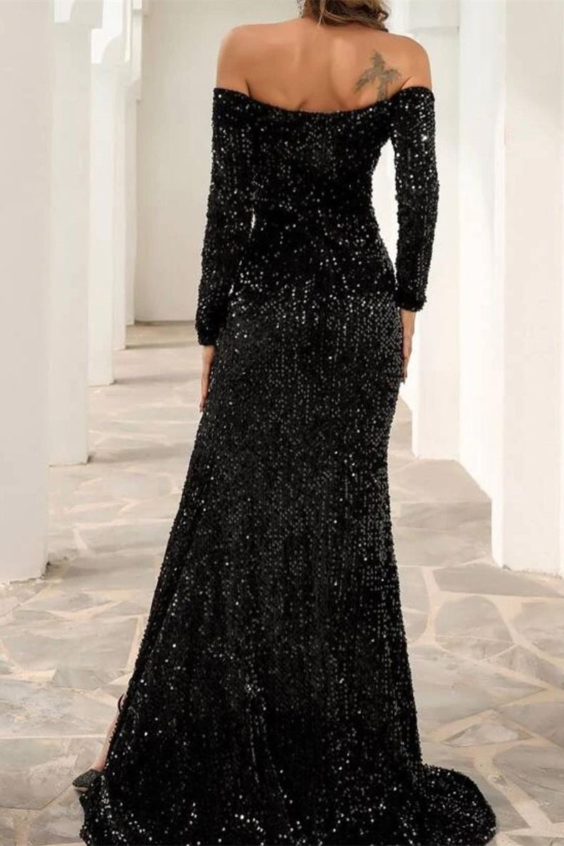 Sexy Off The Shoulder Black Sequined Front-Split Prom Dresses With Long Sleeves,F04806
