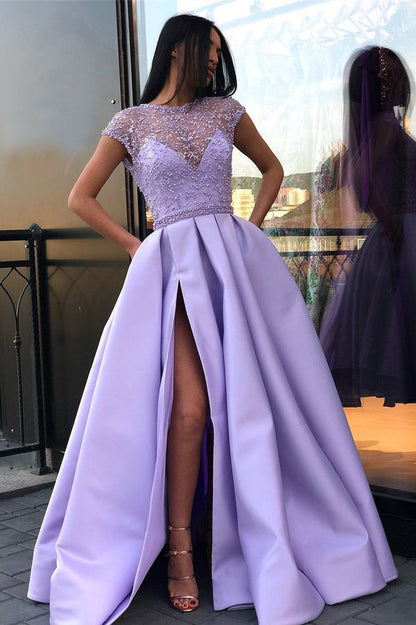Light Purple A Line Satin Slit Cap Sleeves Prom Dresses With Pockets ,DS4467