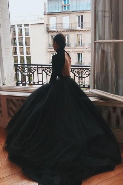 High Neck Black Ball Gown Prom Dresses With Long Sleeves,Formal Dresses,DS4660