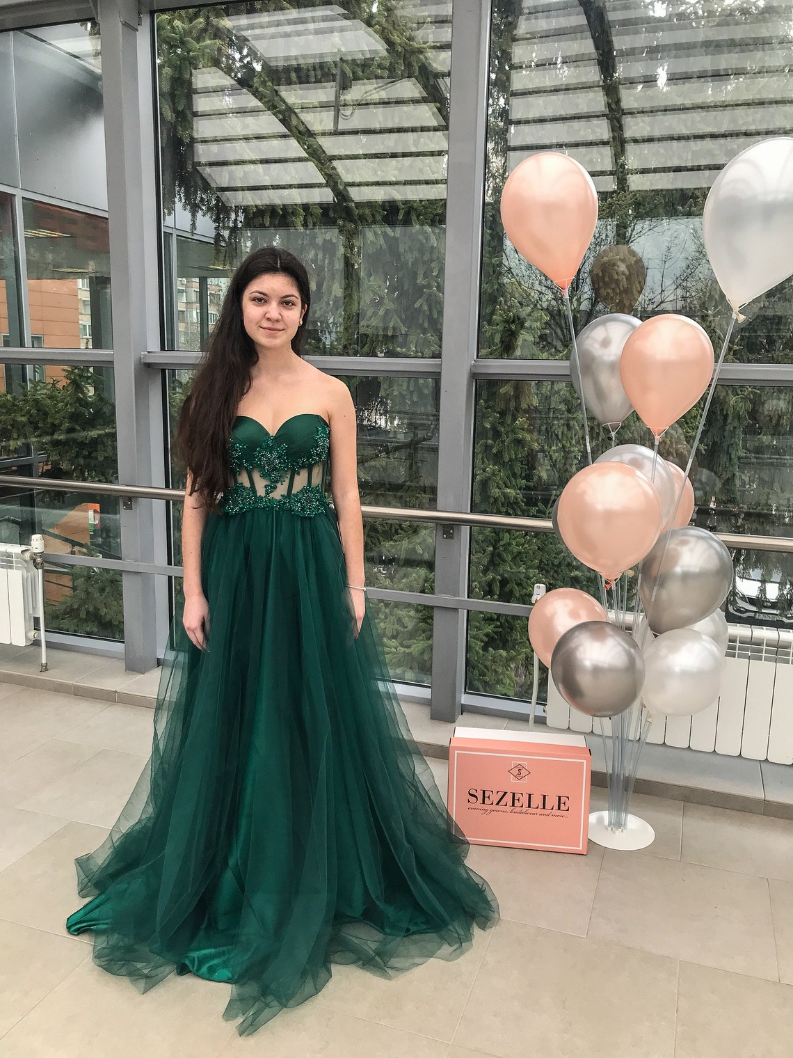 Emerald Corset Tulle Prom Gown Evening Wedding Dress Cocktail Sweetheart Neckline Beaded Lace Bridal,DS4546