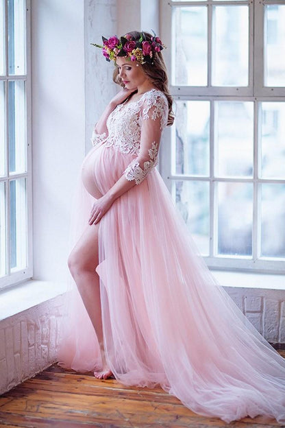 Lace Sleeves Maternity Prom Dresses with Tulle Skirt,Formal Dress,DS0394