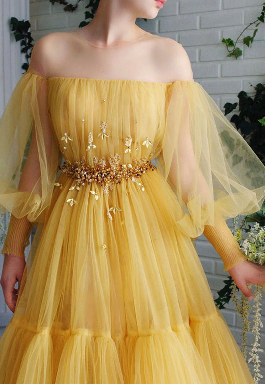 Yellow tulle long prom dress evening dress,DS4339