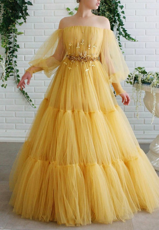 Yellow tulle long prom dress evening dress,DS4339