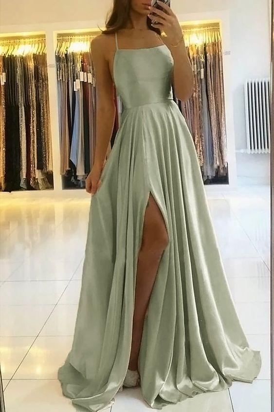 Simple A Line Sage Green Long Prom Dress With Slit Evening Party Dress ,DS4533