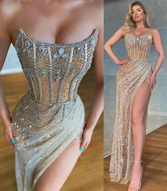 2022 Plus Size Arabic Aso Ebi Luxurious Sexy Sequined Prom Dresses Beaded Crystals High Split Evening Formal Party Second Reception Gowns Dress ,DS4078