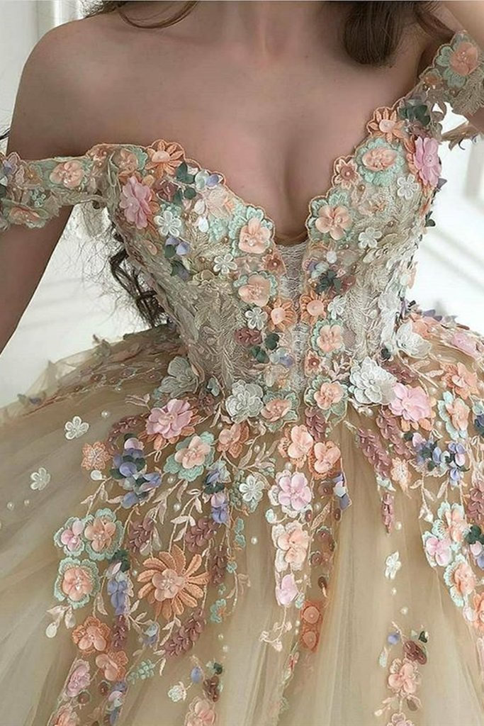 Gorgeous Off Shoulder Champagne Lace Floral Prom Dress, Long 3D Flower Champagne Formal Evening Dress,DS4498