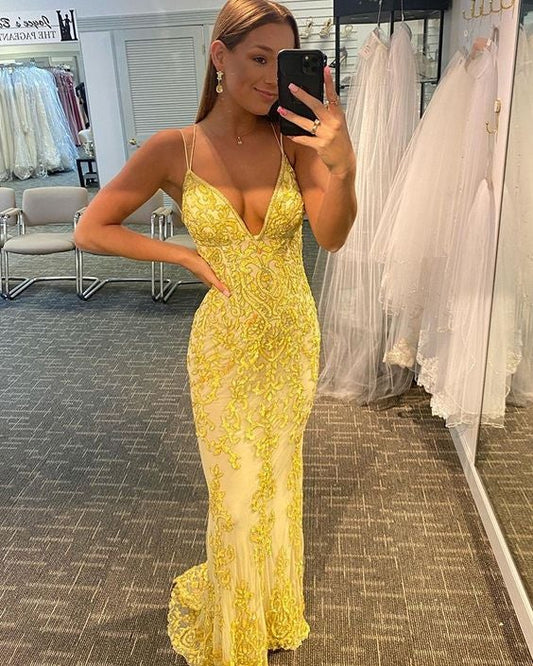 Yellow Spaghetti Straps Lace Mermaid Prom Dress,DS4151