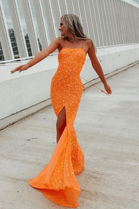 sparkle mermaid orange sequins long prom dress with slit  ,DS4495