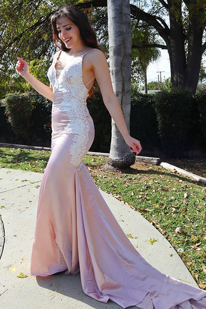 V Neck Backless Mermaid Pink Lace Long Prom Dress with Train, Mermaid Pink Formal Evening Dress ,DS4517