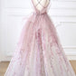 Pink tulle beads long prom dress pink evening dress,DS4512