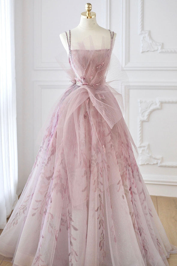 Pink tulle beads long prom dress pink evening dress,DS4512
