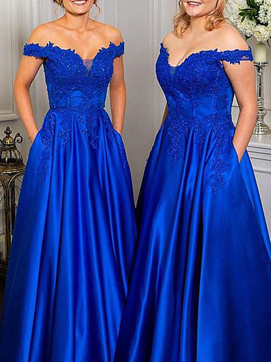 Off Shoulder Beaded Royal Blue Lace Long Prom Dresses ,DS4507