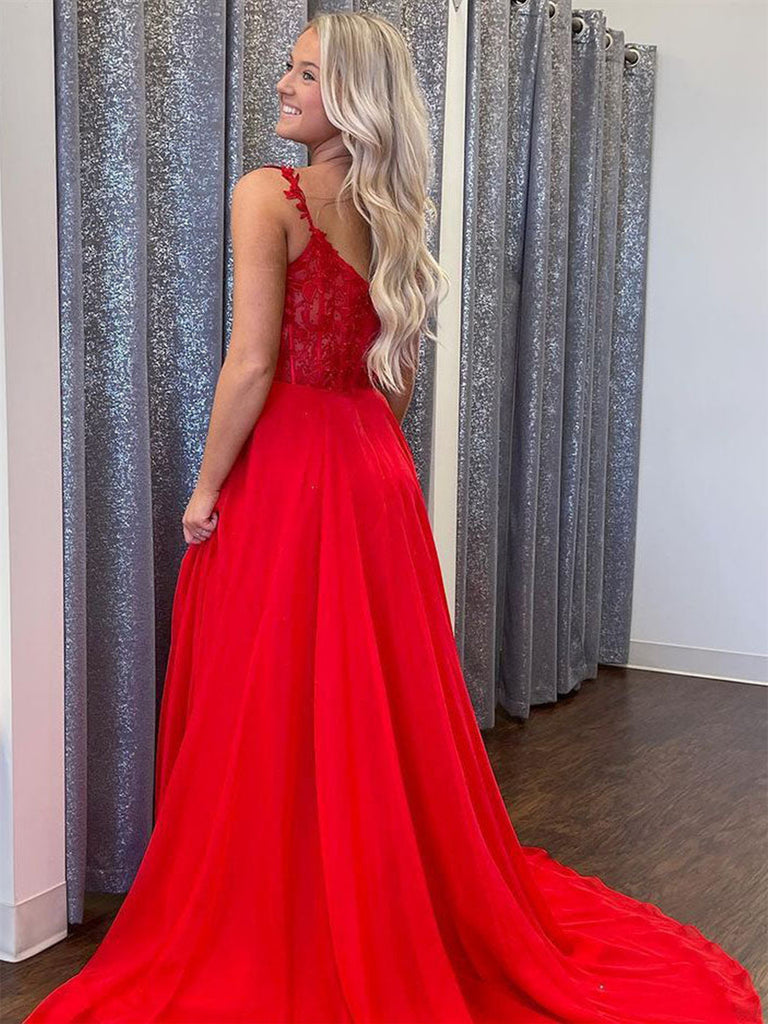 V Neck Red Lace Long Prom Dresses with High Slit,DS4505