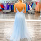 A Line V Neck Open Back Light Blue Long Prom Dresses with Lace Flowers ,DS4504