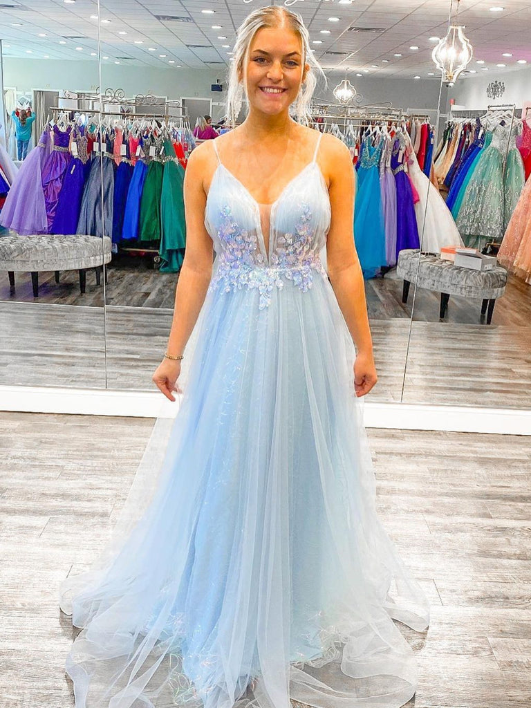 A Line V Neck Open Back Light Blue Long Prom Dresses with Lace Flowers ,DS4504