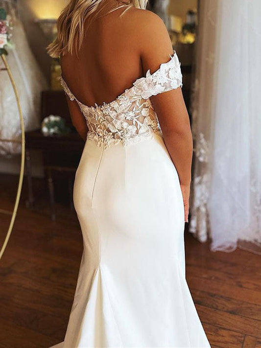 Elegant Off Shoulder Mermaid White Lace Long Prom Wedding Dresses,DS4502