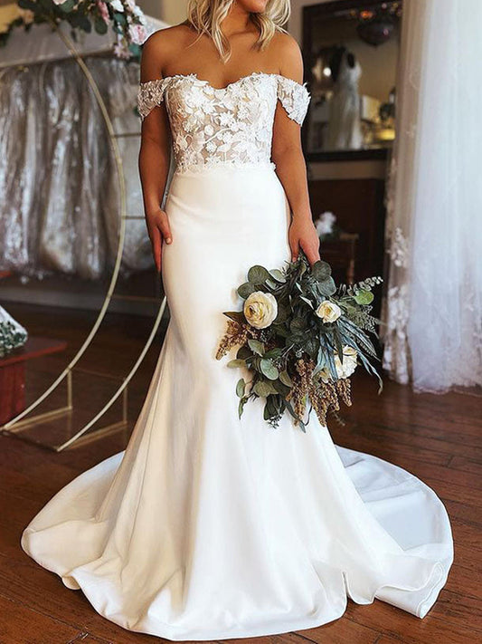 Elegant Off Shoulder Mermaid White Lace Long Prom Wedding Dresses,DS4502