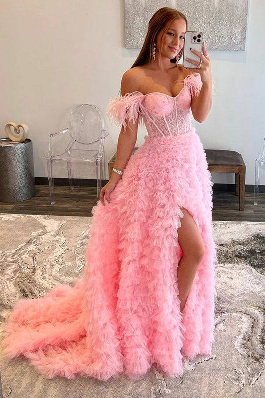 Off Shoulder Ruffle Pink Long Prom Dress with Train, Off the Shoulder Pink Formal Evening Dress with High Slit,DS4595
